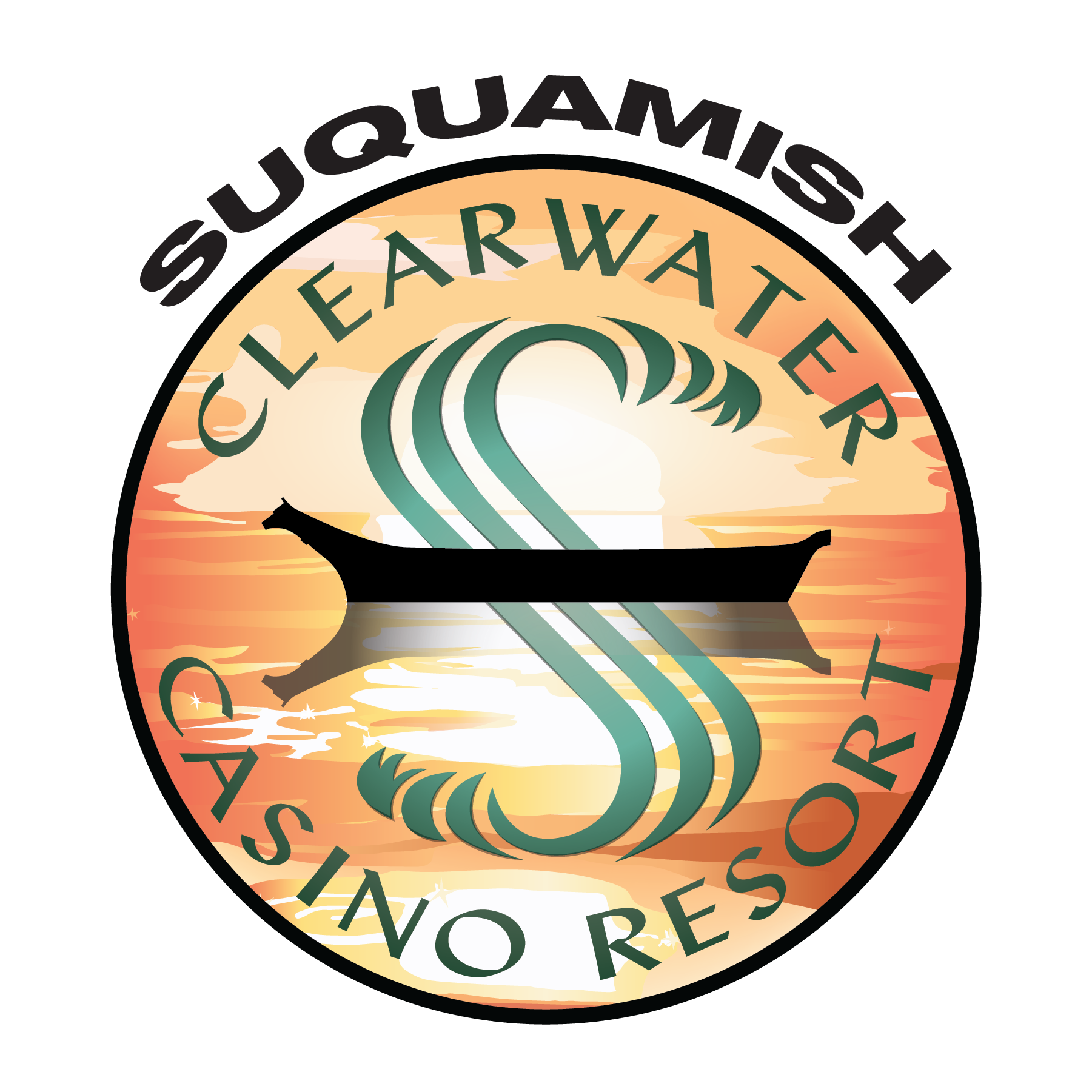 Suquamish Clearwater Casino Resort logo. A gold circle with the word Suquamish above. Inside the circle, along the top arc, it says Clearwater. The bottom arc says Casino Resort. In the middle of the circle is a simple image of a black canoe on water with a silhouette. Woven through the canoe is the letter S.