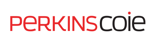 Perkins Coie logo. Perkins is red and Coie is black.