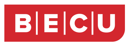 BECU logo. A red rectangle with a rounded corner in the bottom right. The name BECU is in white text inside the rectangle.