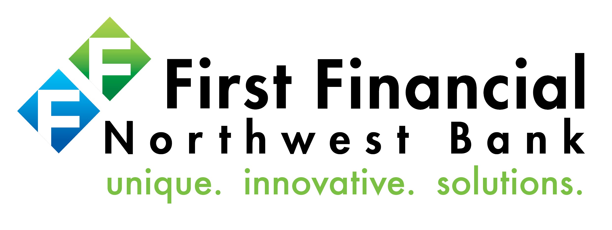 First Financial Northwest Bank logo. A white rectangular logo with 2 diamonds, blue and green with 