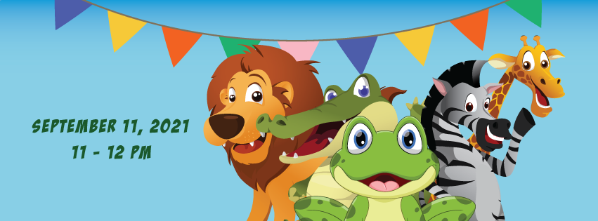 banner of Froggy Fun Day with lion, alligator, frog, zebra and giraffe on the blue background.